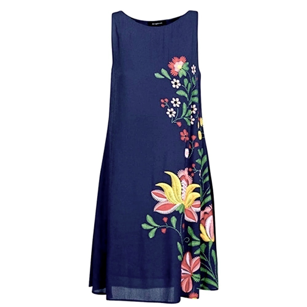 Desigual Salma Midi Sheath Dress Floral‎ Navy Blue Women Euro 42 or Us 8